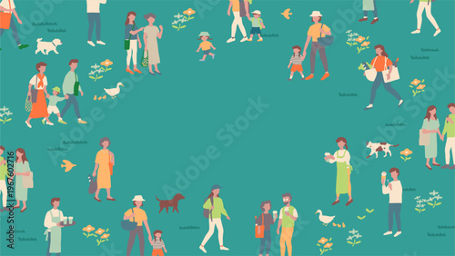 休日のファミリー/男性＆女性のベクターフレームイラスト素材 Holiday Family / Men & Women Vector Frame Illustration Assets