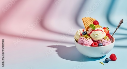 Delicious Ice Cream Sundae with Berries and Wafer, Refreshing Summer Dessert