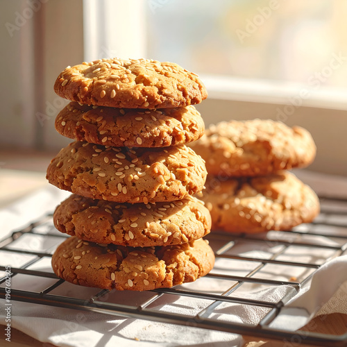Stack of freshly baked oatmeal cookies on a cooling rack.