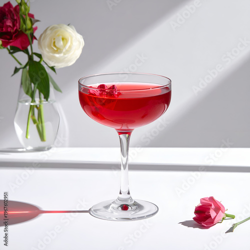 Elegant Red Cocktail with Roses on White Surface.