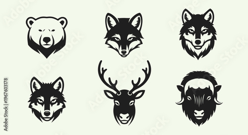 Collection of animal head silhouettes in monochrome icons.