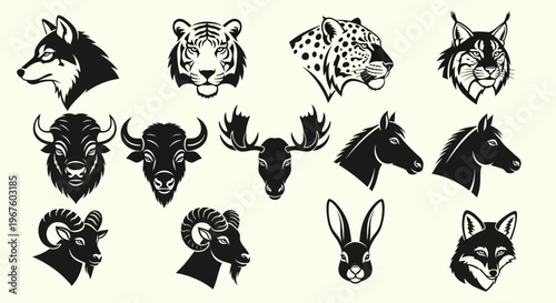 Collection of Animal Head Silhouettes from Various Species.