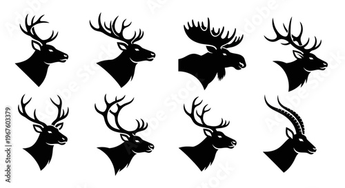 Collection of various deer and antelope head silhouettes with prominent antlers and horns.