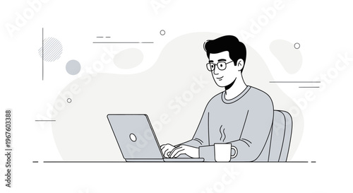 Young man working on laptop at desk with coffee, modern flat illustration