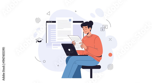 Young person studying online with laptop and documents, modern flat illustration