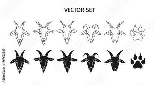 Set of Goat Head Silhouettes and Line Art Illustrations.