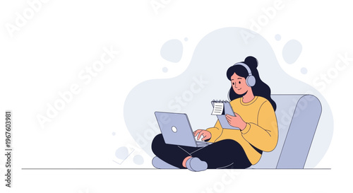 Young woman with headphones studying on laptop and notebook, online learning concept