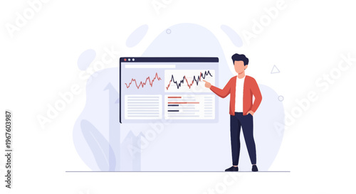 Man presenting financial data on a digital screen with upward trending graphs