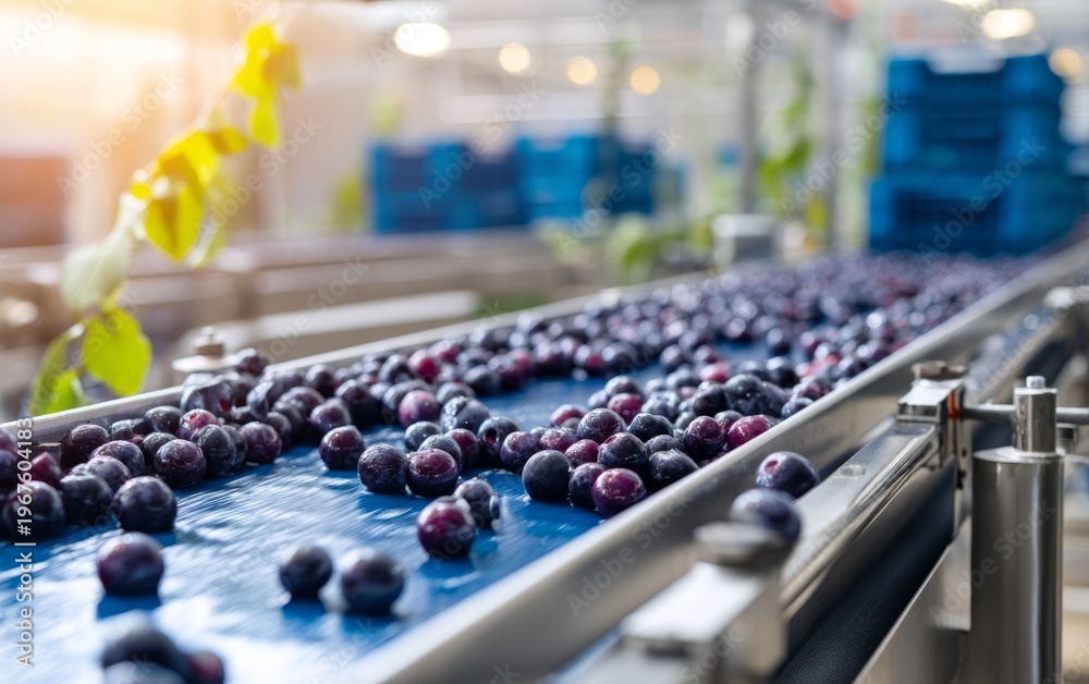 Obraz premium Blueberries Sorting on Conveyor Belt in Food Processing Facility