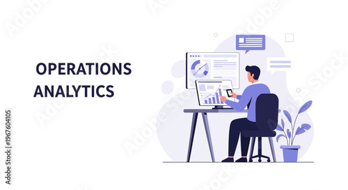 Operations Analytics: Man analyzing data on computer, charts and graphs on screen