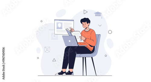 Student studying online with laptop and books, e-learning concept illustration