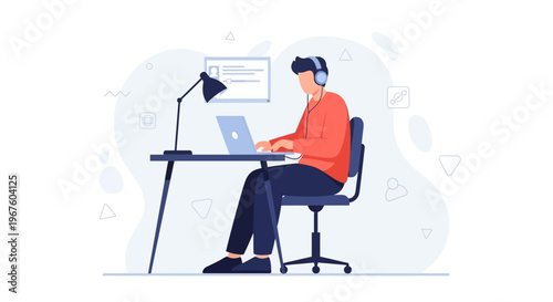 Man Working on Laptop with Headphones, Desk Setup, Remote Work, Online Learning