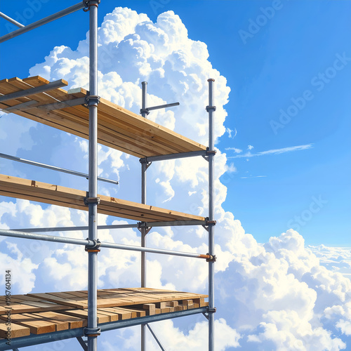 Scaffolding Against a Blue Sky with Fluffy White Clouds.