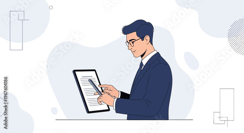 Businessman using tablet, signing document, modern office, digital technology, professional work