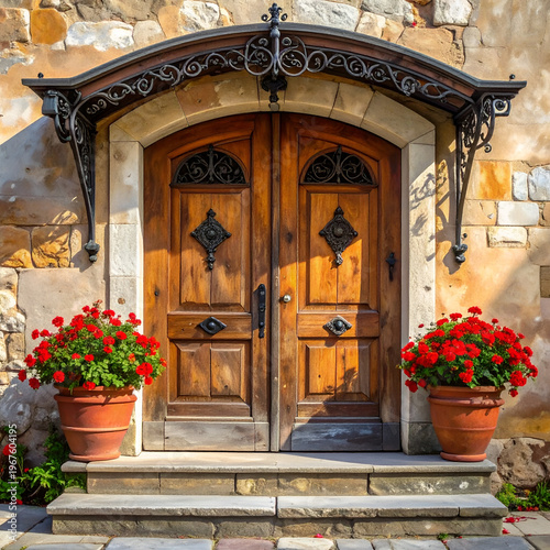 Elegant Wooden Doorway with Floral Accents and Stone Surround.