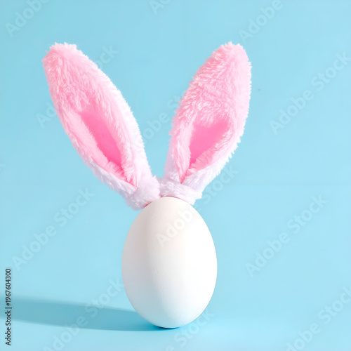Easter Egg with Bunny Ears on Blue Background.