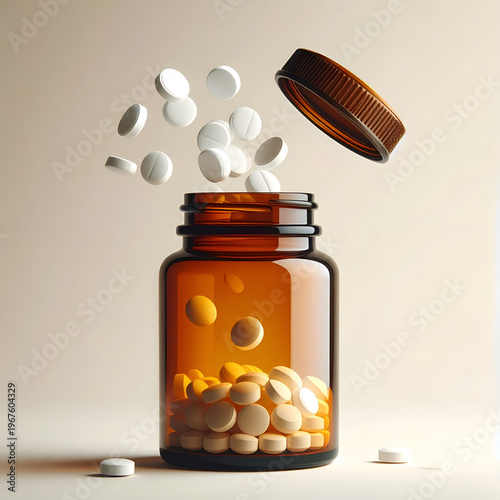 Pills spilling from amber bottle, medication and healthcare concept.