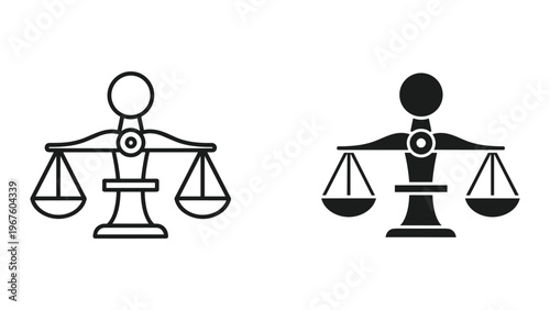 Two scales of justice icons in line and solid styles for law and balance concepts