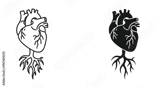 Black and white heart illustrations with roots on white background