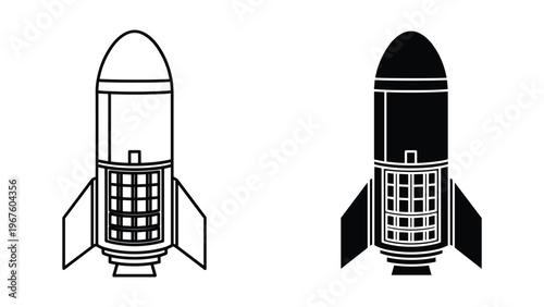 Two rocket ship icons in black and white isolated on white background with fins and grid pattern