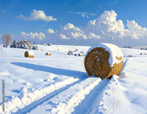 Winter Hay Bales in Snowy Field Under Blue Sky.