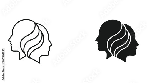 Black and white line art of two female head silhouettes with wavy hair