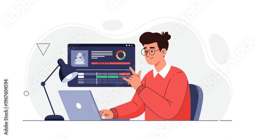 Young man working on laptop with video editing software on screen, creative workspace