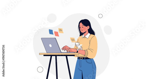 Woman working on laptop at standing desk, with sticky notes and a small cat