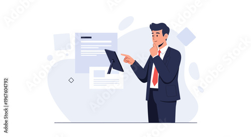 Businessman pointing at screen, planning strategy, business concept, modern flat illustration