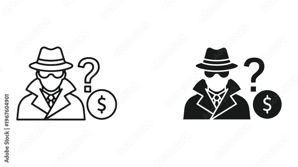 Fototapeta premium Two secret agents in black and white with question marks and dollar signs