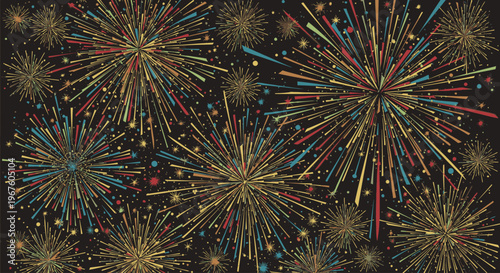 Vibrant fireworks exploding in various colors against a dark background with a festive and celebratory mood.