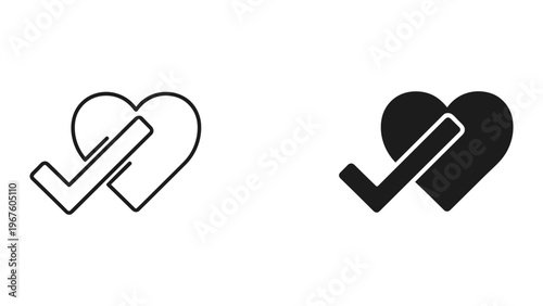 Black and white heart checkmark icons for love and approval concepts