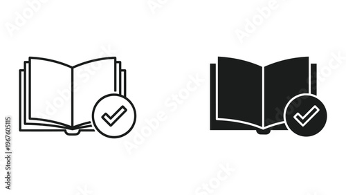 Black and white icons of open books with checkmarks on them