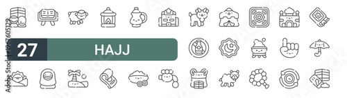 set of 27 thin line hajj icons for web, mobile and digital interfaces including hajj, dawn, koran, woman, sheep, desert, lamp, sajadah and jar. editable stroke vector