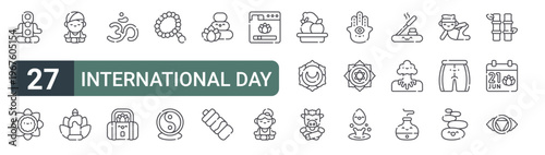 set of 27 thin line international day of icons for web, mobile and digital interfaces including chakras, mandala, guru, candle, om, sport bag, beads, ying yang and hot stones. editable stroke vector