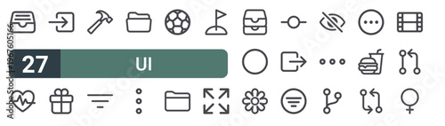 set of 27 thin line ui icons for web, mobile and digital interfaces including tray, vitality, enter, gift, hammer, filter, folder, menu and football. editable stroke vector
