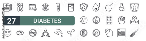 set of 27 thin line diabetes icons for web, mobile and digital interfaces including medical report, dizziness, capsule, blurred, checkup, dont smoke, blood cell, family tree and sample. editable