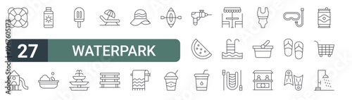 set of 27 thin line waterpark icons for web, mobile and digital interfaces including lifebouy, slide, sunscreen, bath tub, icecream, fountain, relax, bench and sun hat. editable stroke vector