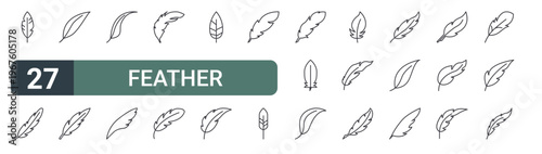 set of 27 thin line feather icons for web, mobile and digital interfaces including feather, feather, and editable stroke vector