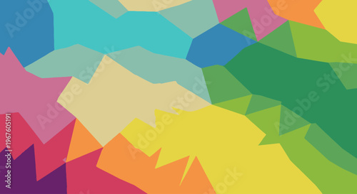 A vibrant, abstract composition with a mosaic of colorful geometric shapes in a variety of bright hues against a white background.