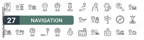 set of 27 thin line navigation support icons for web, mobile and digital interfaces including guide book, location, hotel, petrol pump, shop, location mark, valentine, direction arrow and car