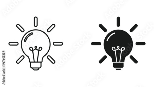 Black and white light bulb icons with rays on isolated white background for business ideas
