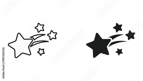 Black and white star icons with motion lines and multiple small stars