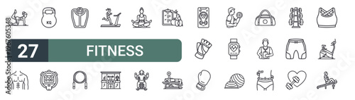 set of 27 thin line fitness icons for web, mobile and digital interfaces including fitness gym, chest, kettlebell, stopwatch, weight scale, jumping rope, treadmill, gym and yoga. editable stroke