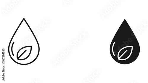 Black and white drop icons with leaf inside isolated on white background