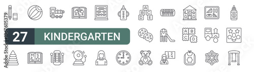set of 27 thin line kindergarten icons for web, mobile and digital interfaces including pencil, pyramid, ball, book, train, xylophone, fairy tale, ring bell and abacus. editable stroke vector