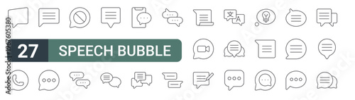 set of 27 thin line speech bubble icons for web, mobile and digital interfaces including chat bubble, chat bubble, chat and editable stroke vector