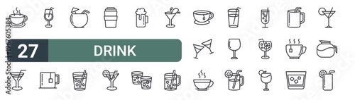 set of 27 thin line drink icons for web, mobile and digital interfaces including coffee cup, cocktail, juice, tea mug, coconut drink, ice drink, coffee glass, cocktail and beer. editable stroke