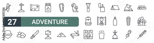 set of 27 thin line adventure icons for web, mobile and digital interfaces including raft, hat, direction, weather, map, knife, matches, map and carabiner. editable stroke vector