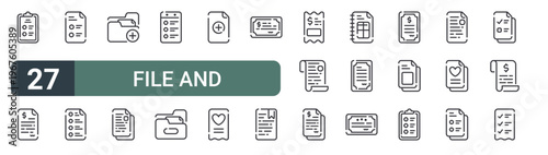 set of 27 thin line file and document icons for web, mobile and digital interfaces including to do list, bill, file list, checklist, add file, note, folder and add editable stroke vector